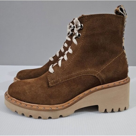 NEW Dolce Vita Hinto Ankle Boot 7.5 Brown Suede Leopard Lug Sole Platform Combat - Picture 1 of 14